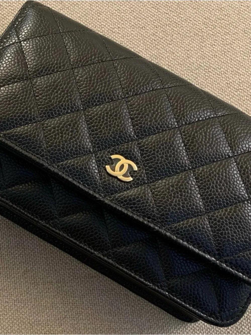 Chanel WOC Quilted Caviar Leather Wallet Clutch in Black with Gold CC
